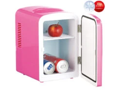 Rosenstein & Söhne Dosenkühlschrank:Mini-Kühlschrank AC/DC, 12/230V 4l, Mit Warmhalte-Funktion, Pink