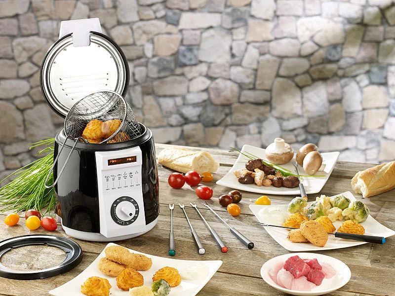 Rosenstein & Söhne Mini Friteuse:2er-Set Kompakte Tisch-Fritteusen Mit Fondue-Set, 0,9 Liter, 840 Watt 8 Rosenstein & Söhne Mini Friteuse:2er-Set Kompakte Tisch-Fritteusen Mit Fondue-Set, 0,9 Liter, 840 Watt – Bild 6