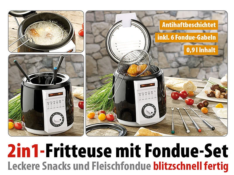 Rosenstein & Söhne Mini Friteuse:2er-Set Kompakte Tisch-Fritteusen Mit Fondue-Set, 0,9 Liter, 840 Watt 5 Rosenstein & Söhne Mini Friteuse:2er-Set Kompakte Tisch-Fritteusen Mit Fondue-Set, 0,9 Liter, 840 Watt – Bild 3