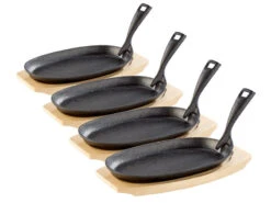 TS Bratpfanne:4 Profi-Servierpfannen, Gusseisen, Mit Untersetzer, 28x18x2 Cm, 1,5 Kg