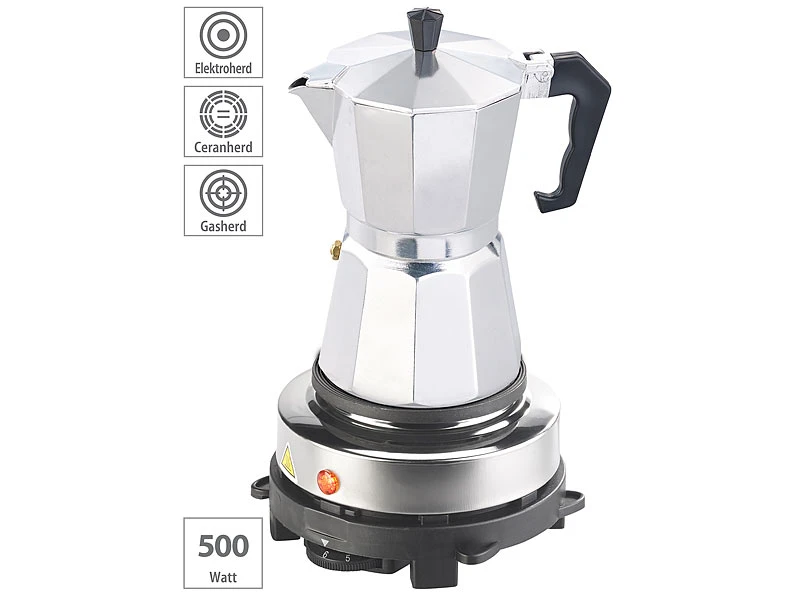 Rosenstein & Söhne Mini Heizplatte:Elektrische Mini-Einzel-Kochplatte & Espresso-Kocher, 500 W, 6 Tassen 3 Rosenstein & Söhne Mini Heizplatte:Elektrische Mini-Einzel-Kochplatte & Espresso-Kocher, 500 W, 6 Tassen