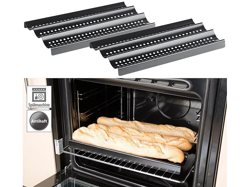Rosenstein & Söhne Blech:2er-Set Baguette-Backbleche Aus Carbonstahl, Anti-Haft-beschichtet 3 Rosenstein & Söhne Blech:2er-Set Baguette-Backbleche Aus Carbonstahl, Anti-Haft-beschichtet