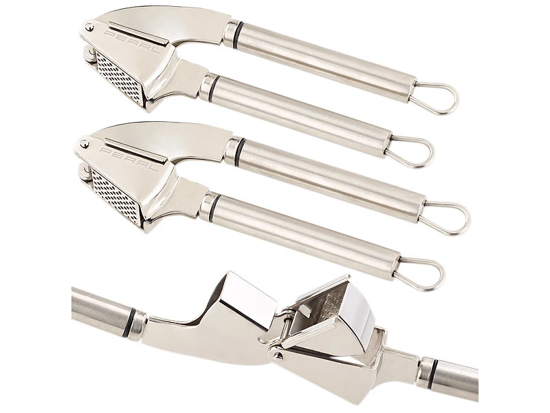 PEARL Knoblauchquetsche:2er-Set Massive XL-Edelstahl-Knoblauchpressen, Ausklappbare Loch-Siebe 3 PEARL Knoblauchquetsche:2er-Set Massive XL-Edelstahl-Knoblauchpressen, Ausklappbare Loch-Siebe