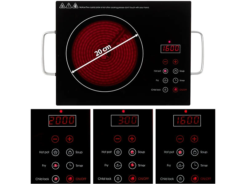 Rosenstein & Söhne Ceran Kochplatte Einzeln:Glaskeramik-Kochfeld, Infrarot-Wärme, Touch-Bedienfeld, 2.000 W, 20 Cm 7 Rosenstein & Söhne Ceran Kochplatte Einzeln:Glaskeramik-Kochfeld, Infrarot-Wärme, Touch-Bedienfeld, 2.000 W, 20 Cm – Bild 5