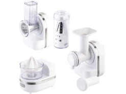 Rosenstein & Söhne Gemüsereibe:3in1 Dessert-Maker, Gemüse-Reibe & Saftpresse, 150 Watt