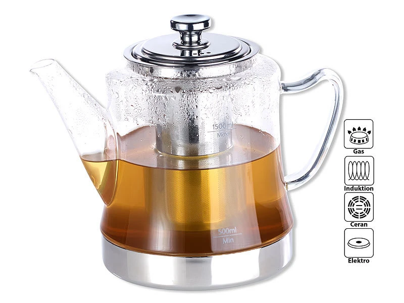 Rosenstein & Söhne Teekocher:2in1-Glas-Teebereiter & Teekanne Für Alle Herde, Auch Induktion, 1,5 L 4 Rosenstein & Söhne Teekocher:2in1-Glas-Teebereiter & Teekanne Für Alle Herde, Auch Induktion, 1,5 L – Bild 2