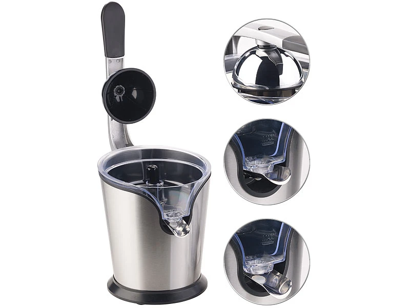 Rosenstein & Söhne Orangenpresse Elektrisch:Elektrische Edelstahl-Zitruspresse, 2 Aufsätze, Saftbehälter, 160 Watt 3 Rosenstein & Söhne Orangenpresse Elektrisch:Elektrische Edelstahl-Zitruspresse, 2 Aufsätze, Saftbehälter, 160 Watt – Bild 2