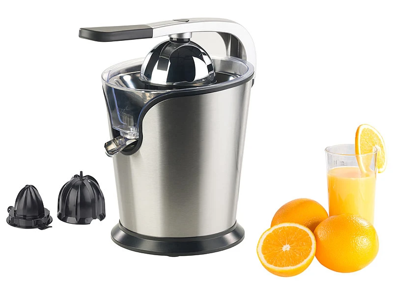 Rosenstein & Söhne Orangenpresse Elektrisch:Elektrische Edelstahl-Zitruspresse, 2 Aufsätze, Saftbehälter, 160 Watt 2 Rosenstein & Söhne Orangenpresse Elektrisch:Elektrische Edelstahl-Zitruspresse, 2 Aufsätze, Saftbehälter, 160 Watt