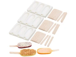 Rosenstein & Söhne Eis-Maker:3 Silikon-Formen Für 9 Eis Am Stiel, Je 80 Ml, Mit 72 Holzstielen