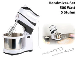 Rosenstein & Söhne Handrührgerät:Handmixer-Set: Rührständer, Edelstahl-Schüssel, 5 Stufen, Turbo, 500 W