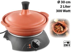 Rosenstein & Söhne Schmortopf Elektrisch:Elektrischer Tajine-Tontopf Mit Deckel, Ø 30 Cm, 2 Liter, 300 Watt