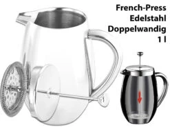 Rosenstein & Söhne Isolierkanne:Thermo-Kaffeebereiter, French-Press, Edelstahl, Doppelwandig, 1 Liter