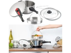 Rosenstein & Söhne Dampf-Koch-Topf:Edelstahl-Schnellkochtopf Mit Dampfgar-Einsatz, Bis 90 KPa, 4 L