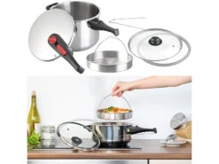 Rosenstein & Söhne Druckkochtopf:Edelstahl-Schnellkochtopf Mit Dampfgar-Einsatz, Bis 90 KPa, 6 L