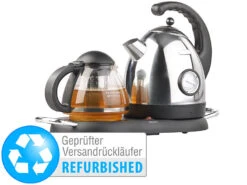 Rosenstein & Söhne Wasserkocher Station:Edelstahl-Wasserkocher Mit Teekanne Und Stövchen (Versandrückläufer)