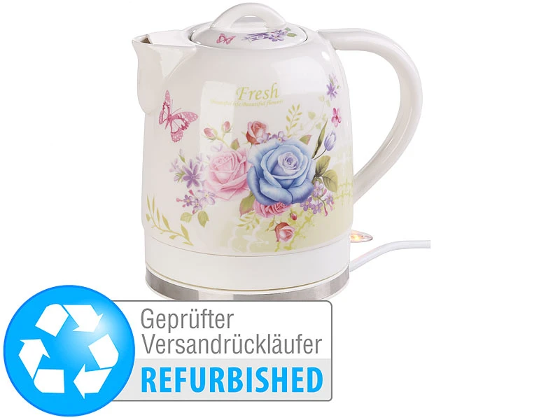Rosenstein & Söhne Wasserkocher Teekannen:Keramik-Wasserkocher Mit BlumenmusterVersandrückläufer 3 Rosenstein & Söhne Wasserkocher Teekannen:Keramik-Wasserkocher Mit BlumenmusterVersandrückläufer