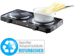 Rosenstein & Söhne 2er-Kochplatte:Kompakte Elektrische Doppel-Kochplatte 2.000 Watt, Versandrückläufer