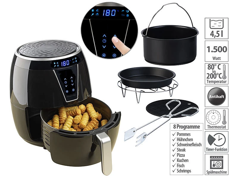 Rosenstein & Söhne Airfryer:Multi-Heißluft-Fritteuse Mit Back- Und Grill-Zubehör, 4,5 L, 1.500 W 3 Rosenstein & Söhne Airfryer:Multi-Heißluft-Fritteuse Mit Back- Und Grill-Zubehör, 4,5 L, 1.500 W