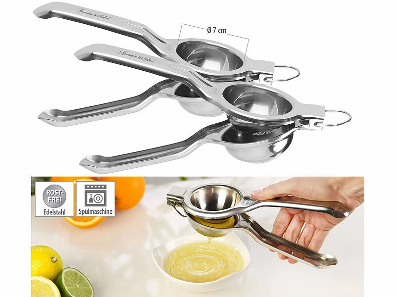 Rosenstein & Söhne Zitruspresse Manuell:2er-Set Manuelle Zitrus- & Saftpresse, Polierter Edelstahl 304, Ø 7 Cm 3 Rosenstein & Söhne Zitruspresse Manuell:2er-Set Manuelle Zitrus- & Saftpresse, Polierter Edelstahl 304, Ø 7 Cm