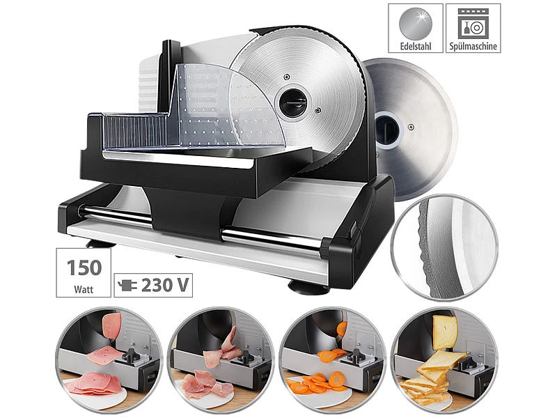 Rosenstein & Söhne Brotschneidemaschine:Elektrischer Allesschneider Mit 2 Edelstahl-Klingen, 1 - 15 Mm, 150 W 3 Rosenstein & Söhne Brotschneidemaschine:Elektrischer Allesschneider Mit 2 Edelstahl-Klingen, 1 - 15 Mm, 150 W